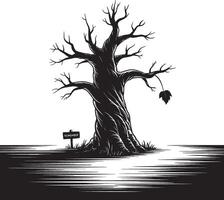 Silhouette of a bare gnarled tree with a single leaf and a remember sign vector