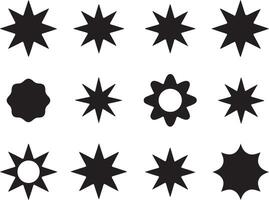 Collection of diverse black star shapes and sunburst icons on white background vector