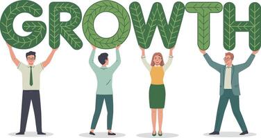 Diverse team collaborates to hold up large green letters spelling out growth vector