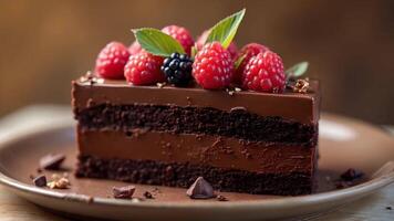 Decadent Chocolate Cake Slice with Fresh Raspberries and Blackberries Close Up video