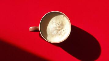 Cappuccino in Brown Mug on Red Surface with Sunlight Shadow photo
