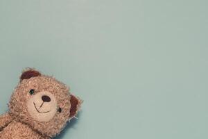 Sweet, fluffy brown teddy bear head smiles from the bottom left on a soft pastel blue. Ideal for childhood, comfort, innocence, or playful designs. photo