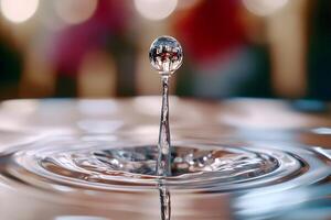 Captivating Macro Shot of a Water Droplet Reflecting a Cityscape photo