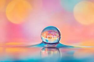 A Vibrant Macro Shot of a Water Droplet with Colorful Reflection photo