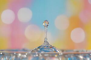 Delicate Water Droplet Formation with Colorful Bokeh Background photo