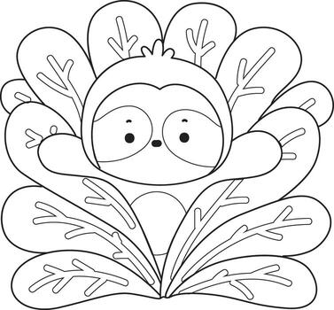 Outline of sloth in the middle of grass. Coloring pages of cute sloth. vector