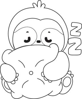 Outline of sloth hugging a pillow. Coloring pages of cute sloth. vector