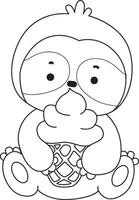 Outline of sloth eating an ice cream. vector