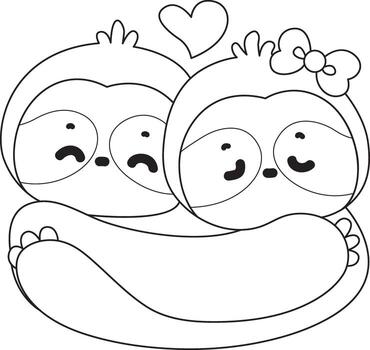 Outline of couple of sloth hugging together. Coloring pages of cute sloth. vector