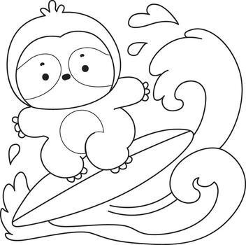Outline of sloth surfing in the wave. Coloring pages of cute sloth. vector