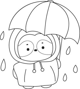 Outline of sloth bring an umbrella in raining. Coloring pages of cute sloth. vector