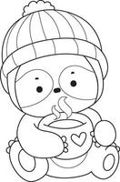 Outline of sloth drinking a hot tea. Coloring pages of cute sloth. vector
