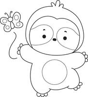 Outline of sloth caughting a butterfly. Coloring pages of cute sloth. vector