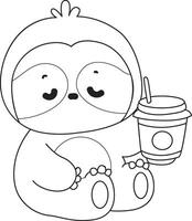 Outline of sloth drining a cup of coffee. Coloring pages of cute sloth. vector