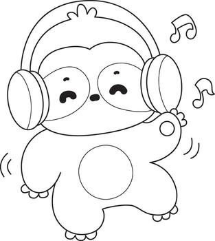 Outline of sloth enjoy with music. Coloring pages of cute sloth. vector