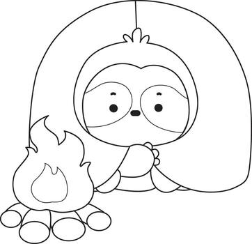 Outline of sloth in the tent. Coloring pages of cute sloth. vector