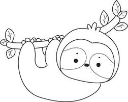 Outline of sloth hanging around in the branch. Coloring pages of cute sloth. vector