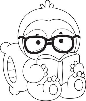 Outline of sloth reading a book with eyeglasses. Coloring pages of cute sloth. vector