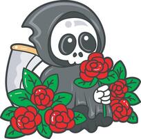 Skull in the middle of rose garden. Angel of death cute elements. vector
