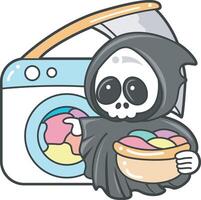 Skull washing a clothes with washing machine. Angel of death cute elements. vector