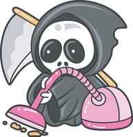 Skull cleaning the floor with feather duster. Angel of death cute elements. vector