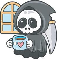 Skull enjoy with tea. Angel of death cute elements. vector