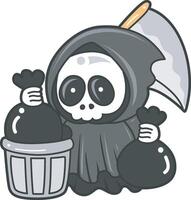 Skull throw the garbage into its place.Angel of death cute elements. vector