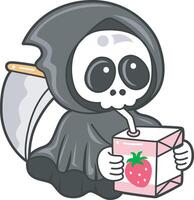 Skull drinking a strawberry milk. Angel of death cute elements. vector