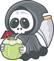 Skull drinking a ccoonut drink.Angel of death cute elements. vector