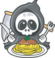 Skull want to eating spaghetti. Angel of death cute elements. vector