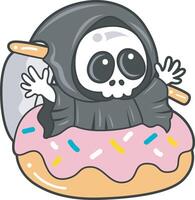 Skull stuck in the doughnut. Angel of death cute elements. vector