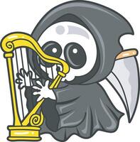 Skull playing a harpa. Angel of death cute elements. vector