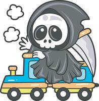 Skull riding a train. Angel of death cute elements. vector