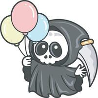 Skull bring a three of balloons. Angel of death cute elements. vector