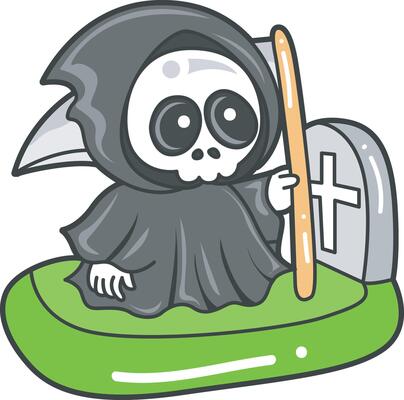 Skull in the grave. Angel of death cute elements.