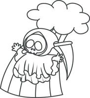 Outline of skull sliding in the rainbow. Coloring pages of cute skull. vector