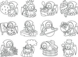 Outline of skull in the random activity daily life action. Coloring pages of cute skull. vector