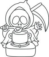 Outline of skull cooking a soup. Coloring pages of cute skull. vector