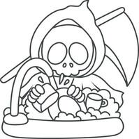 Outline of skull cleaning the plate in the sink. Coloring pages of cute skull. vector