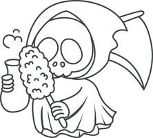 Outline of skull cleaning the vase with feather duster. Coloring pages of cute skull. vector