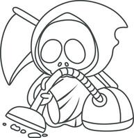 Outline of skull cleaning the floor with vacuum cleaner. Coloring pages of cute skull. vector