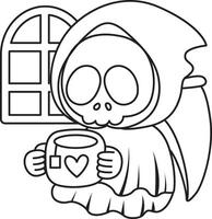 Outline of skull bring a hot tea. Coloring pages of cute skull. vector