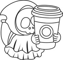 Outline of skull bring a cup of coffee. Coloring pages of cute skull. vector