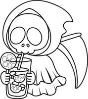 Outline of skull drinking an orange juice. Coloring pages of cute skull. vector
