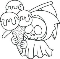 Outline of skull bring a three scoop of ice cream. Coloring pages of cute skull. vector