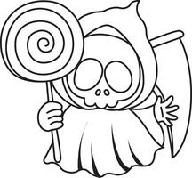 Outline of skull bring a lollipop. Coloring pages of cute skull. vector