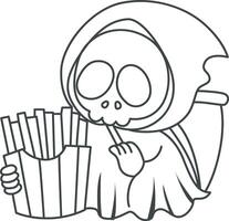 Outline of skull eating a french fries. Coloring pages of cute skull. vector