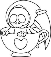 Outline of skull in the cup of tea. Coloring pages of cute skull. vector