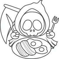 Outline of skull want to eating bacon and eggs. Coloring pages of cute skull. vector