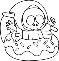 Outline of skull stuck in the doughnut. Coloring pages of cute skull. vector